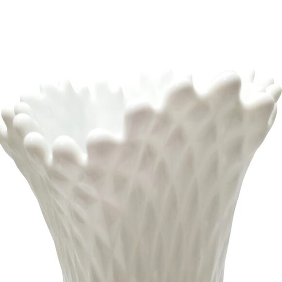 Westmoreland White Milk Glass Vintage Diamond Quilted Ruffled 12" Swung Vase - Picture 3 of 13